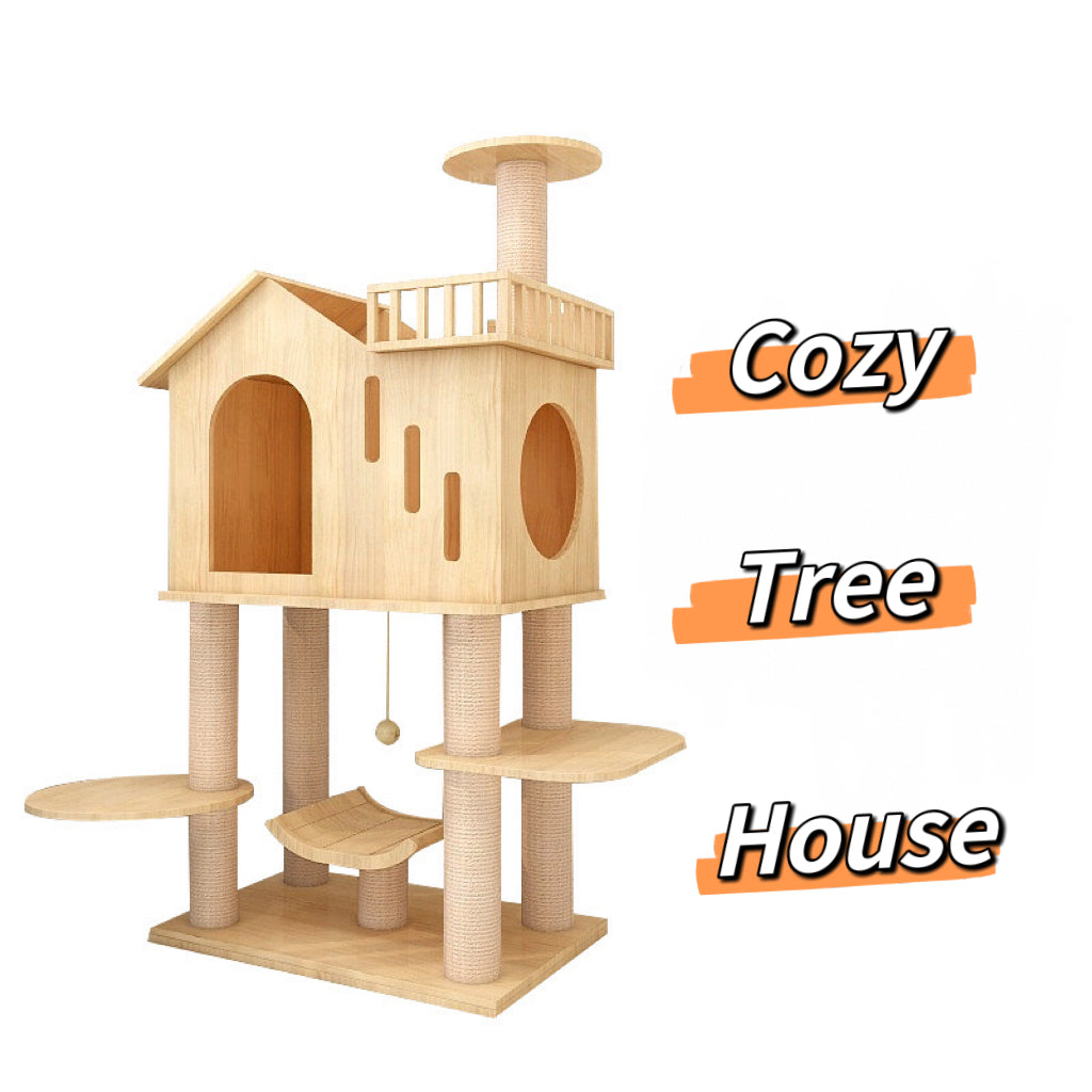 Cozy Little Tree House Premium Wooden Cat Tower Cat Tree Cat Scratcher