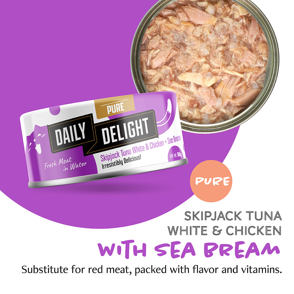 Daily Delight Pure Skipjack Tuna White & Chicken with Sea Bream Canned Cat Food 80g