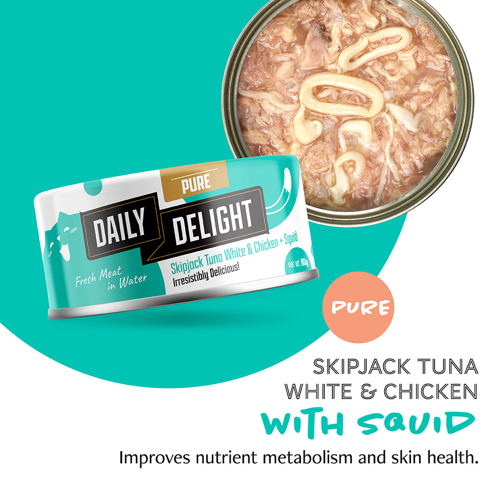 Daily Delight Pure Skipjack Tuna White & Chicken with Squid Canned Cat Food 80g