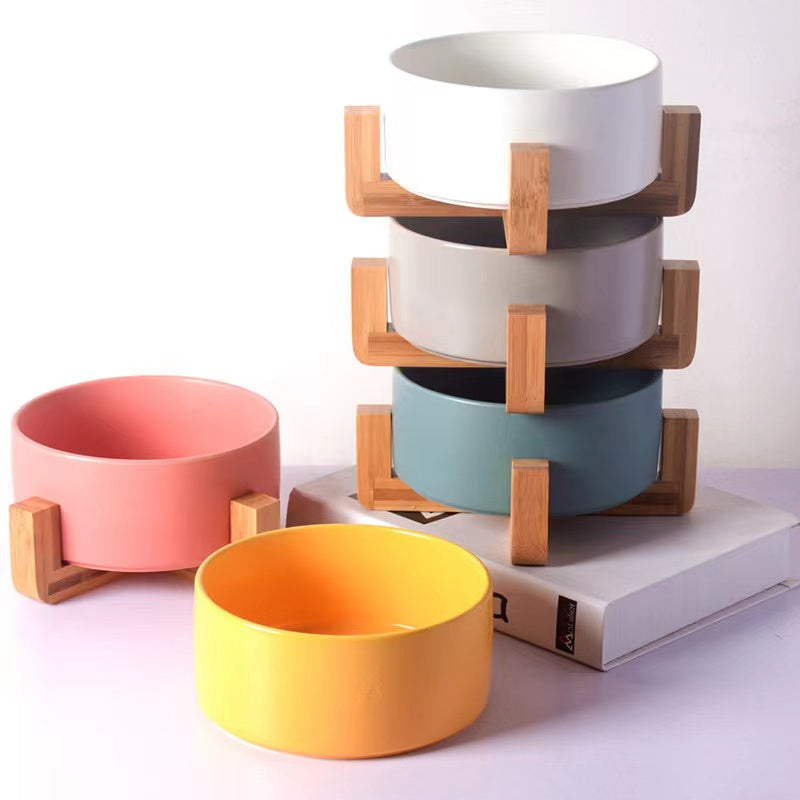 Ceramic Bowl with Wooden Holder For Cat & Dog