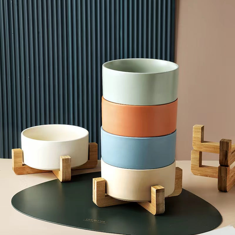 Ceramic Bowl with Wooden Holder For Cat & Dog