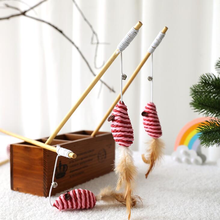 Cat Teaser Wooden Stick Toys Cat Mice Interactive Toy