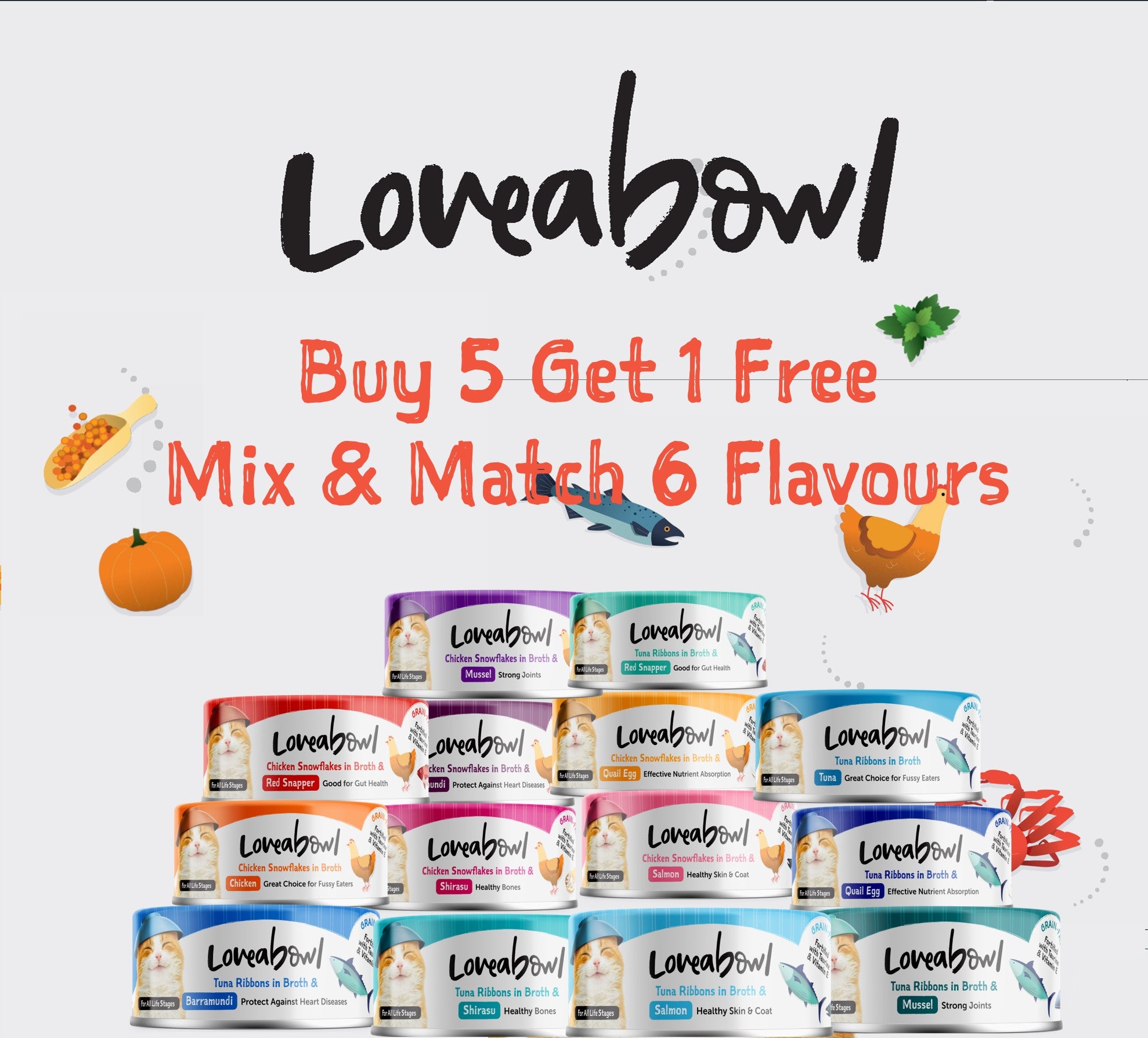 [Buy 5 Get 1 Free]  Loveabowl Chicken Snowflakes & Tuna in Broth Cat Wet Food 70g