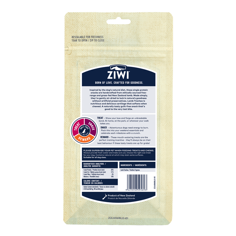 Ziwipeak Lamb Trachea Air Dried Dog Treats 60g